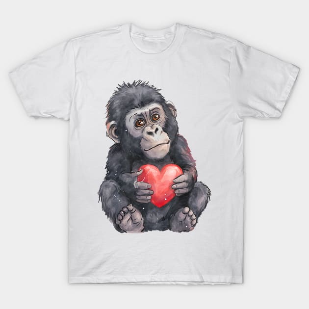 Valentine Mountain Gorilla Holding Heart T-Shirt by Chromatic Fusion Studio